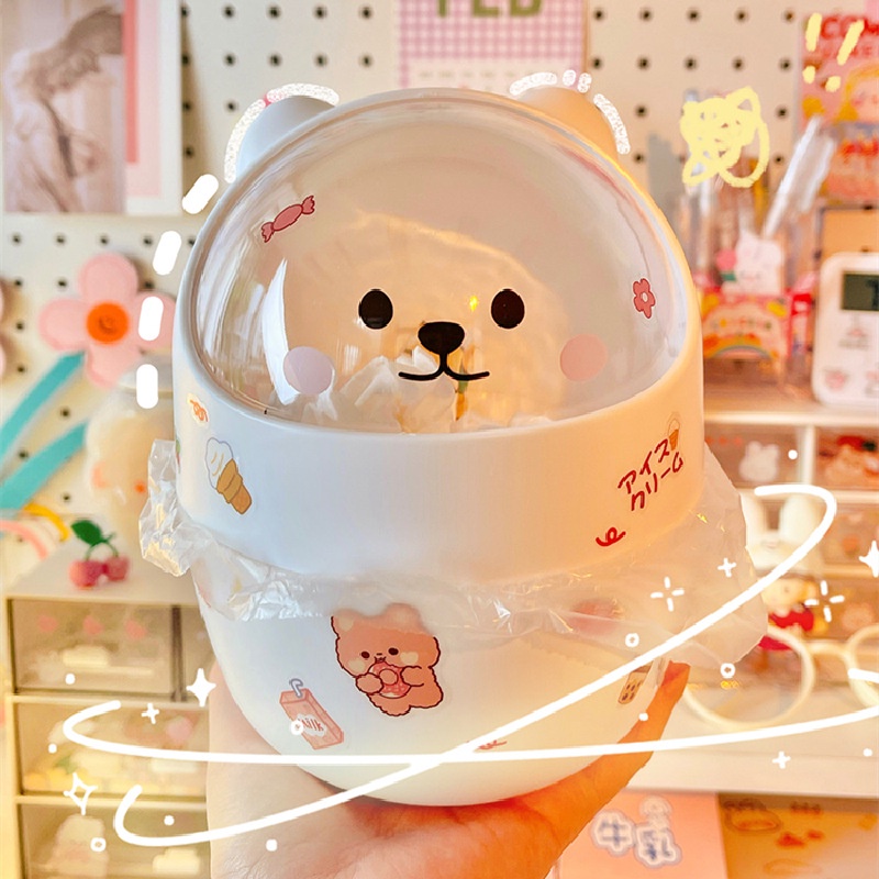 Thùng rác mini để bàn Thùng rác hình gấu cute có nắp dễ thương tặng sticker – Hộp đựng bút đa năng