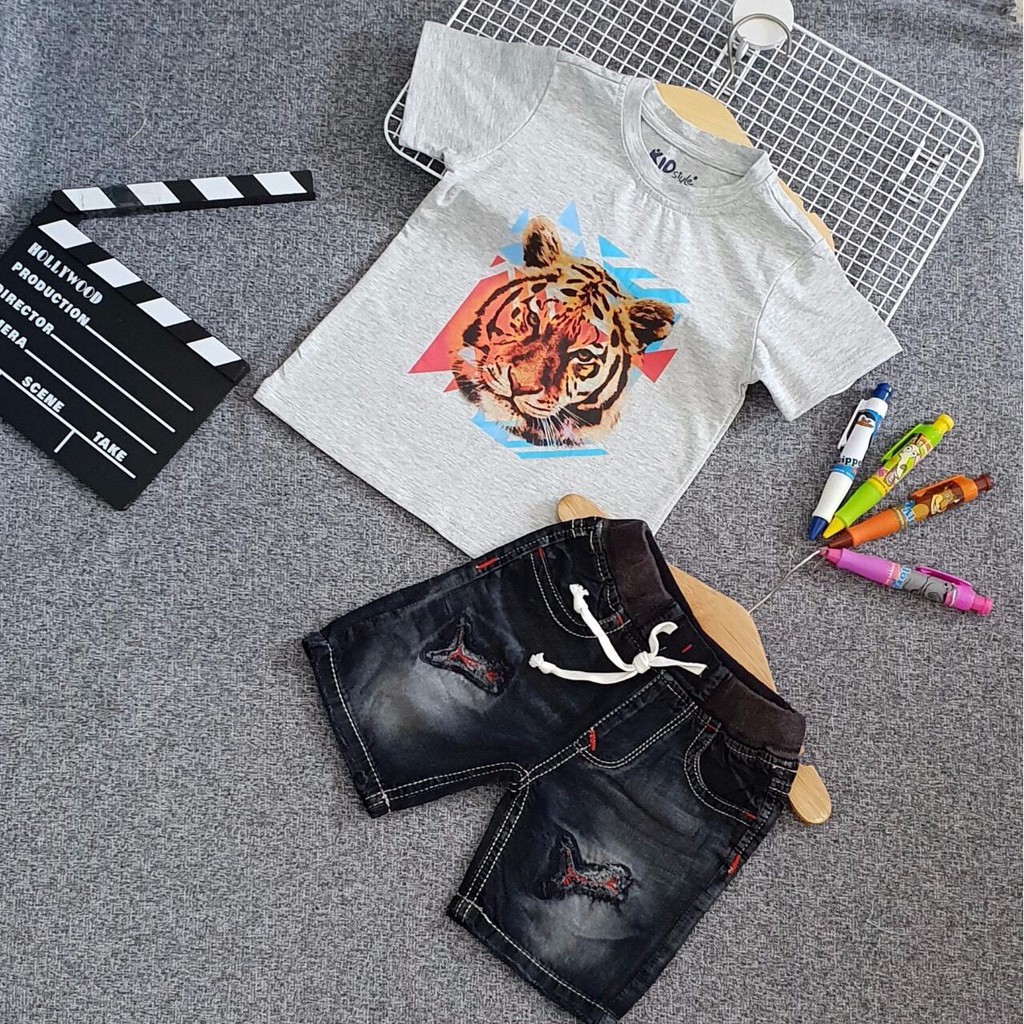 Bộ áo thun quần jean bé trai in cọp size đại