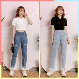 Quần Baggy Jean nữ cạp cao rách gối cotton cao cấp - B1-112