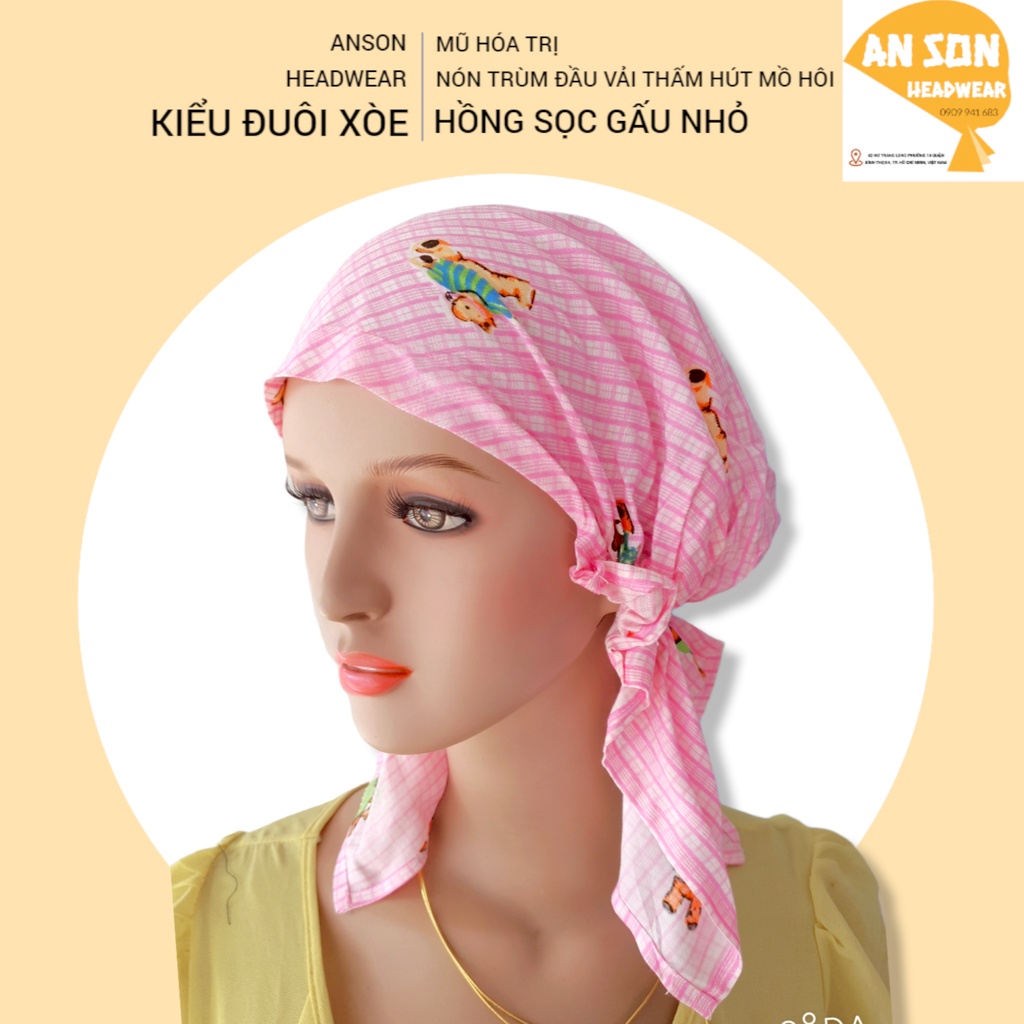 Nón hóa tri vải mềm mát, hút mồ hôi, bệnh nhân ung thư, chemo hat, nón trùm đầu [KIỂU ĐUÔI XÒE-MÀU HỒNG SỌC GẤU NHỎ]