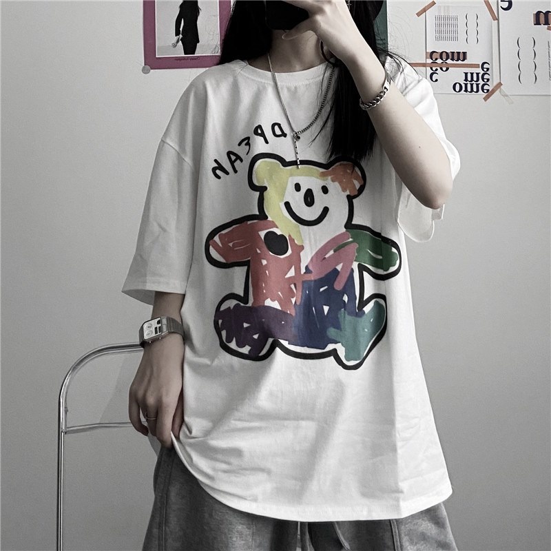 NRVP Áo thun tay lửng cổ tròn mềm mại in họa tiết phong cách Hàn Quốc thời trang tùy chọn màu sắc cho nữ