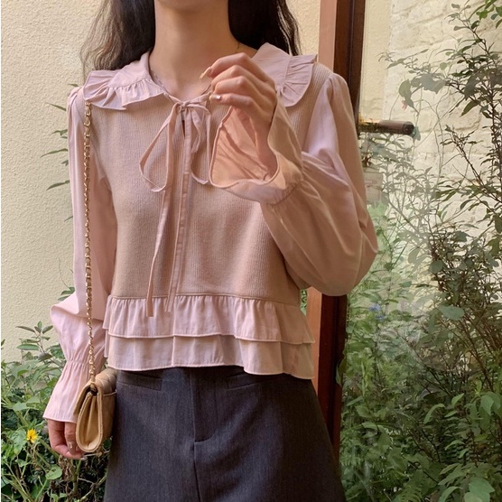 Áo sweater ZHELIHANGFEI tay dài lưng cao dáng ôm phối bèo phong cách Nhật Bản trẻ trung cao cấp