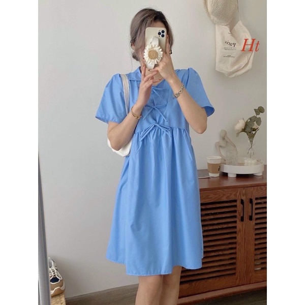 Váy baby doll xanh 3 hàng nơ H2V566