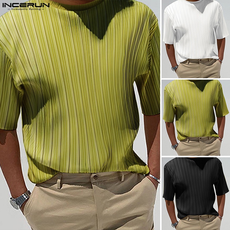 Áo thun nam INCERUN cổ tròn tay ngắn dáng rộng thời trang Hàn Quốc 3 màu tùy chọn