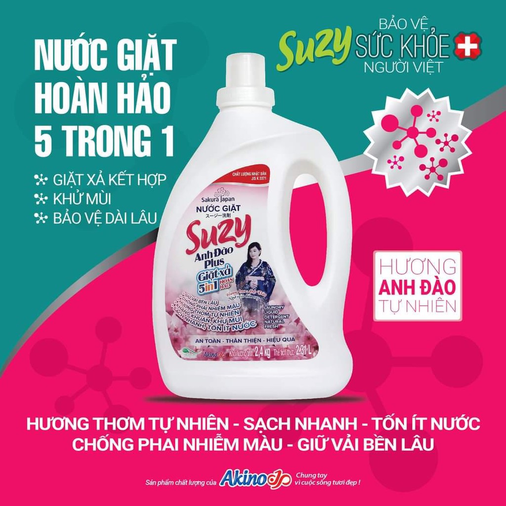 Nước giặt xả Suzy Anh Đào Plus 2,4kg 5 trong 1 Nhật Bản, thành phần hữu cơ, an toàn cho e bé.