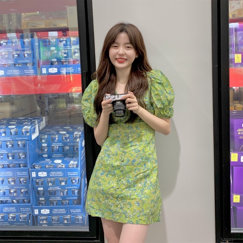 Váy Hoa Xanh Khuy Bọc Tay Phồng Siêu Xinh Có Ảnh Thật Kèm Video | BigBuy360 - bigbuy360.vn