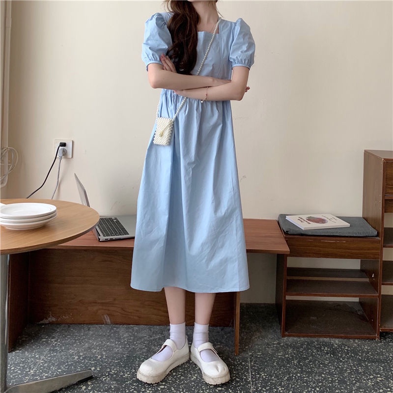 Đầm Tay Phồng Ngắn Cổ Vuông Chiết Eo Phong Cách Hàn Quốc