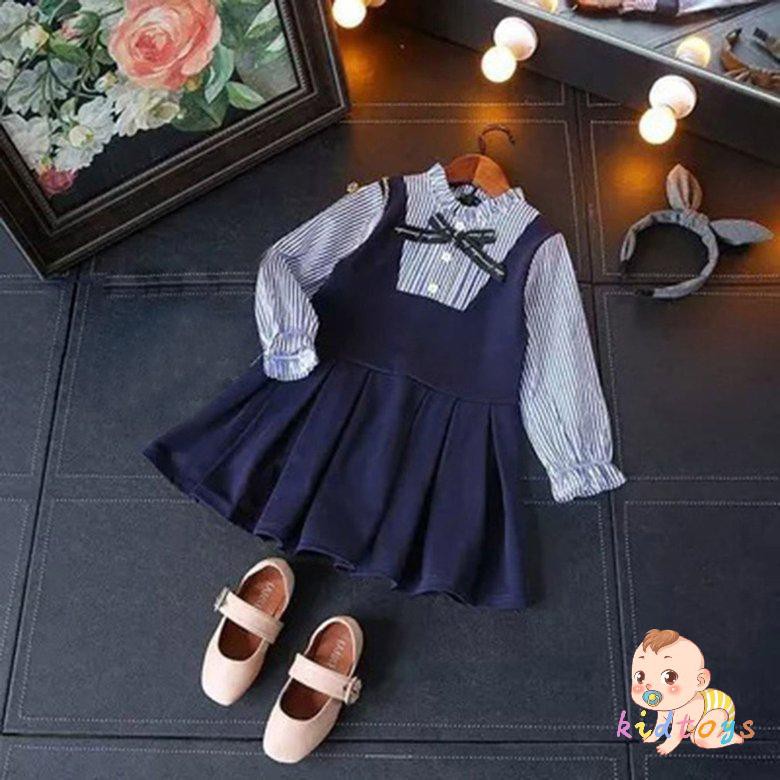 Đầm Công Chúa Giả Hai Lớp Họa Tiết Kẻ Sọc Xinh Xắn Cho Bé Gái