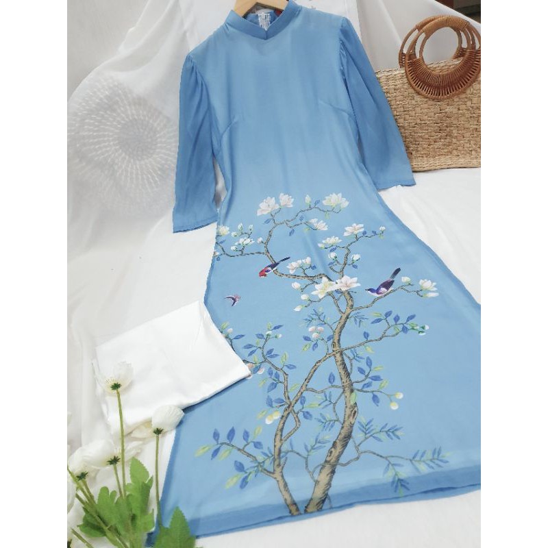 áo dài tơ óng tay bồng màu xanh in hoa siêu xinh