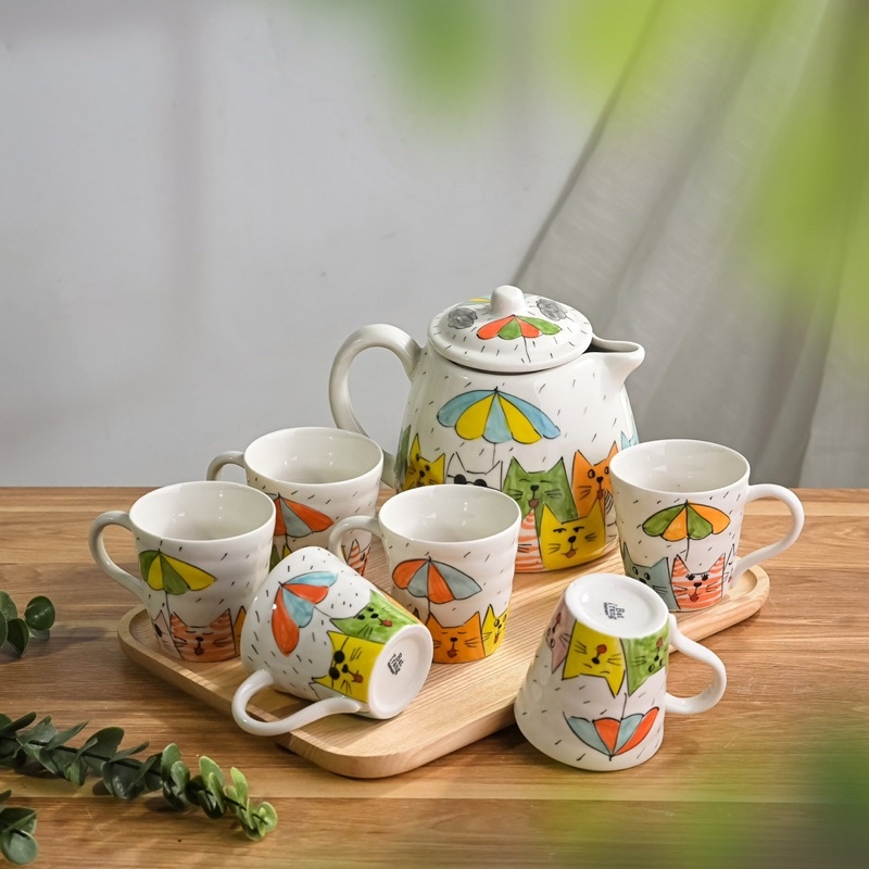Bộ ấm chén trà - Bộ bình uống nước họa tiết vẽ tay Gốm Sứ Bát Tràng cao cấp