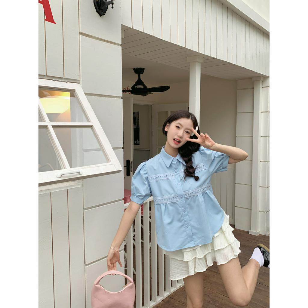 「 WELOVE1 」Áo Sơ Mi Cổ Polo Tay Lửng Màu Trơn Phong Cách Hàn Quốc Thời Trang Mùa Hè Mới Cho Nữ