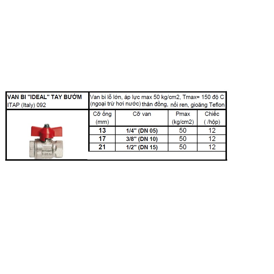 Van bi tay bướm đồng ren art.092 Italy áp lực 50kg phi 13 phi 17 phi 21