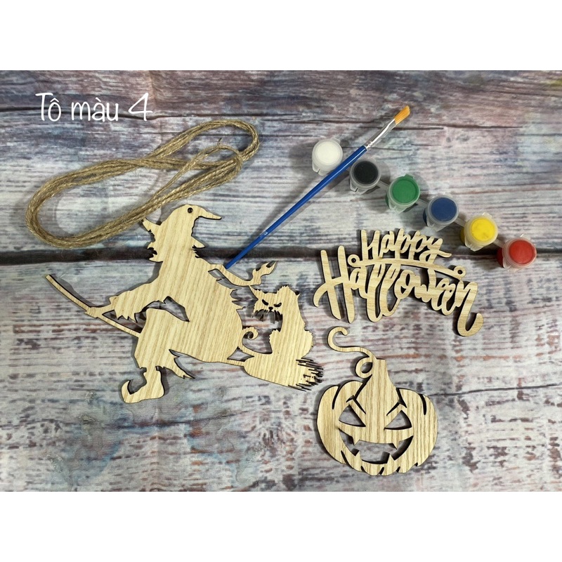 Set chưa tô màu  Halloween bằng gỗ decor phong cách Rustic cho bé thỏa sức sáng tạo, trang trí nhà cửa