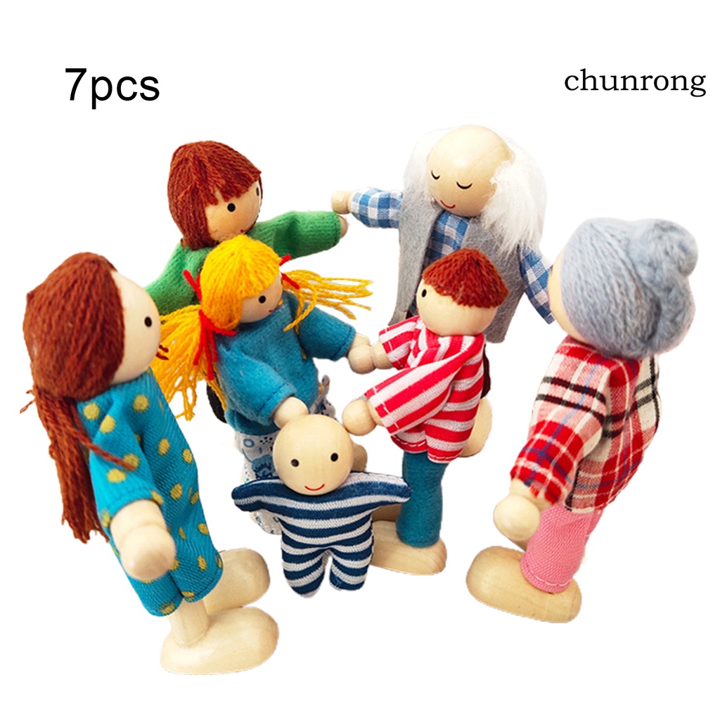Bộ 7 búp bê gia đình hoạt hình bằng gỗ có khớp cử động đáng yêu