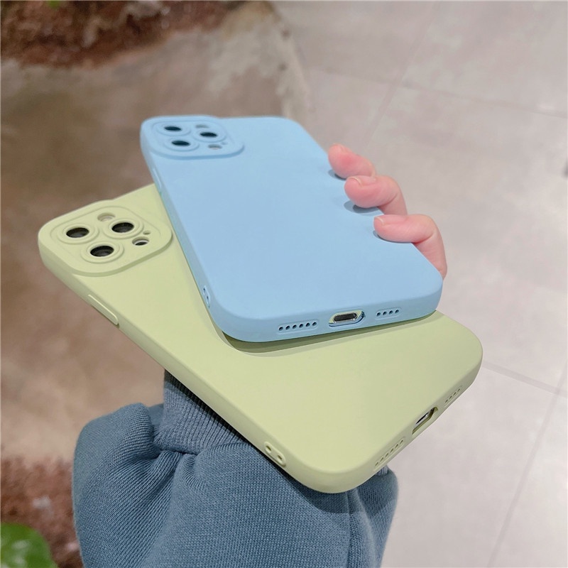 Ốp điện thoại TPU mềm bảo vệ camera màu xanh dương/xanh lá đơn giản thời trang cho IPhone 13 12 11 Pro Max XR 8 7 Plus