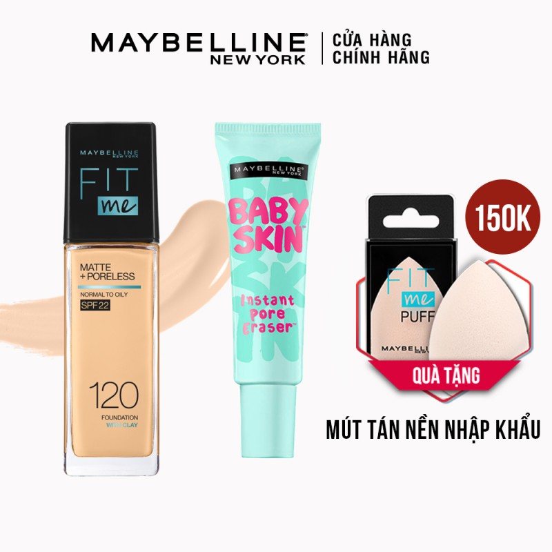 [Bộ trang điểm] Kem nền kiềm dầu chống nắng Fit Me, kem lót mịn da Baby Skin & mút tán nền cao cấp Maybelline New York | BigBuy360 - bigbuy360.vn