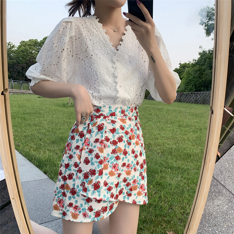 SUXI Áo sơ mi tay ngắn cổ V phối ren phong cách retro nữ tính