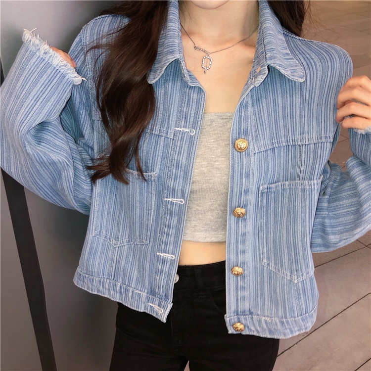 IELGY     Áo Khoác denim Tay Dài Kẻ Sọc Dọc Đơn Giản Dành Cho Nữ