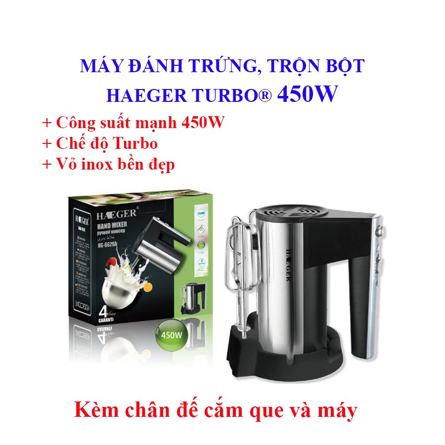 Máy đánh trứng, trộn bột cầm tay HAEGER Turbo công suất 450W, kèm chân đế cắm que và máy