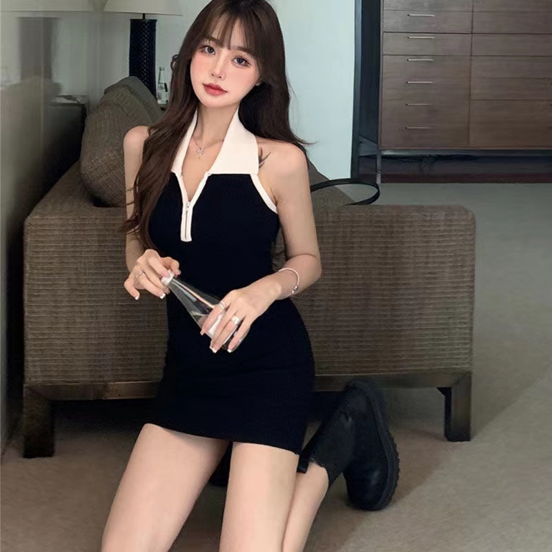 Đầm Cổ Polo Không Tay Hở Lưng Có Khóa Kéo Nhiều Màu Quyến Rũ Thời Trang Dành Cho Nữ