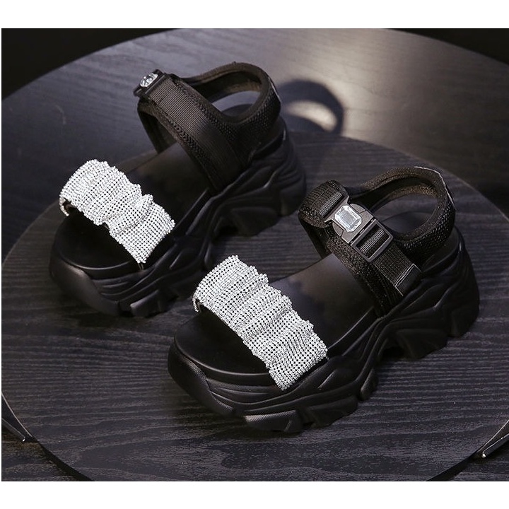 Giày Sandal Đế Dày Quai Dán Đính Đá Thời Trang Mùa Hè 2022 Cho Nữ