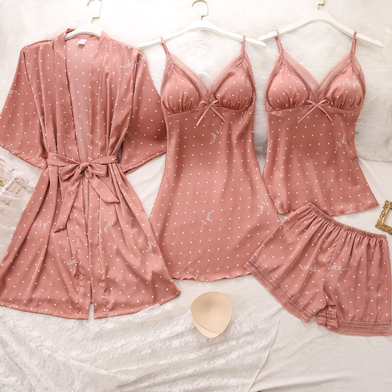 Bộ Đồ Ngủ 4 Món Với Họa Tiết Chấm Bi Xinh Xắn Dành Cho Nữ