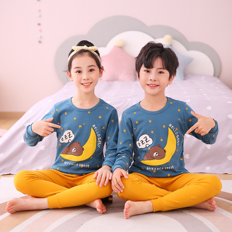 Bộ Đồ Ngủ Tay Dài Bằng Vải Cotton In Hoạt Hình Dành Cho Bé Trai Gái 2-15 Tuổi