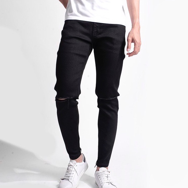 Quần jean nam RÁCH GỐI chất bò cao cấp co dãn 4 chiều cực đẹp PHỐI DÂY KÉO from dáng skinny đẹp CAROLLSTORE Q11