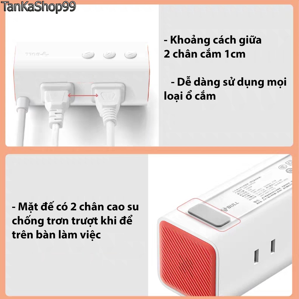 Ổ Cắm Điện Bull Kiêm Đồng Hồ Báo Thức và Sạc Điện Thoại, 3 cổng usb, Nhựa Chống Cháy