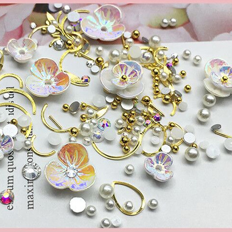 [Hàng mới về] Phụ kiện hỗn hợp hình hoa/ hạt kim cương &amp; ngọc trai giả nhựa resin trang trí móng nghệ thuật với 6 loại