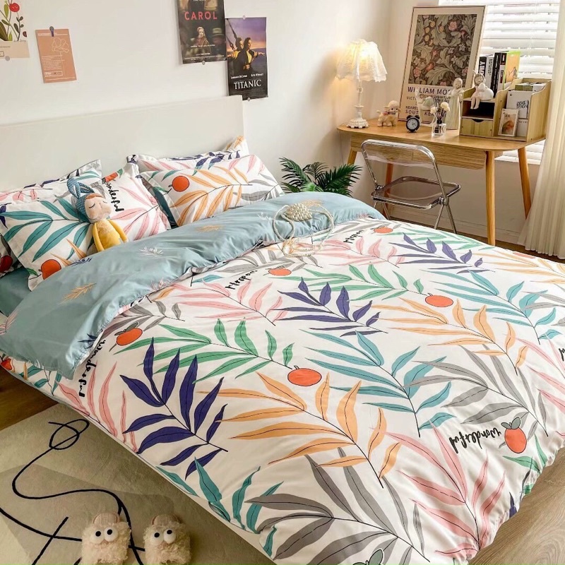 Bộ chăn ga coton poly lá cọ xanh
