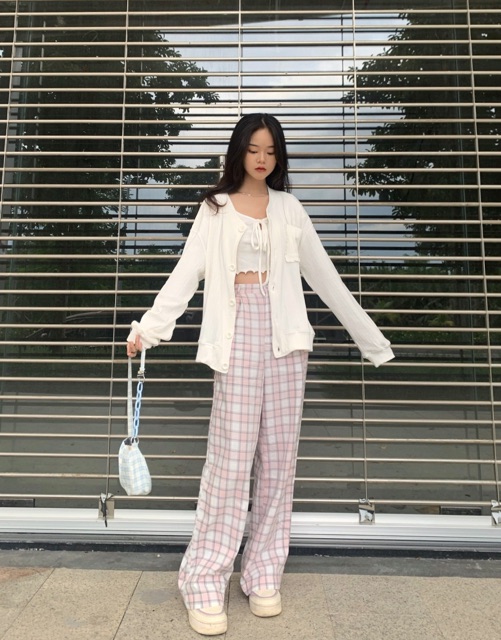 Quần caro lưng cao ống rộng plaid pants hai màu