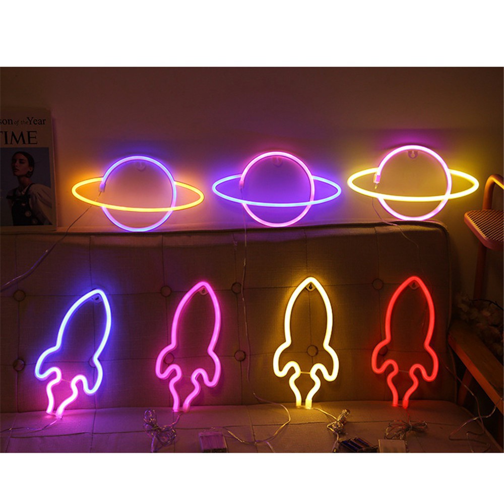 INS Hanging Neon Lights Planet Night Lamp For Room Wall Kids Bedroom Birthday Party Bar Beaches Wedding Décor Children planet neon light universe modeling  LED decorative night light -cy