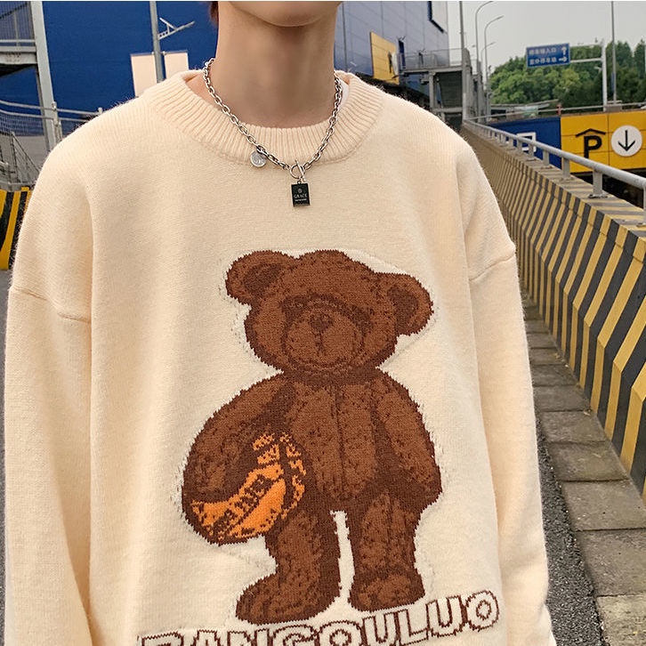 Áo sweater dệt kim dáng rộng in hình gấu hoạt hình kiểu Nhật Bản thời trang thu đông cho nam