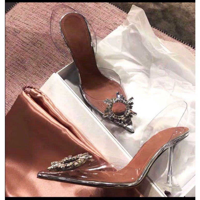 Giày cao gót mũi nhọn quai trong suốt đính đá thời trang mùa hè dành cho nữ