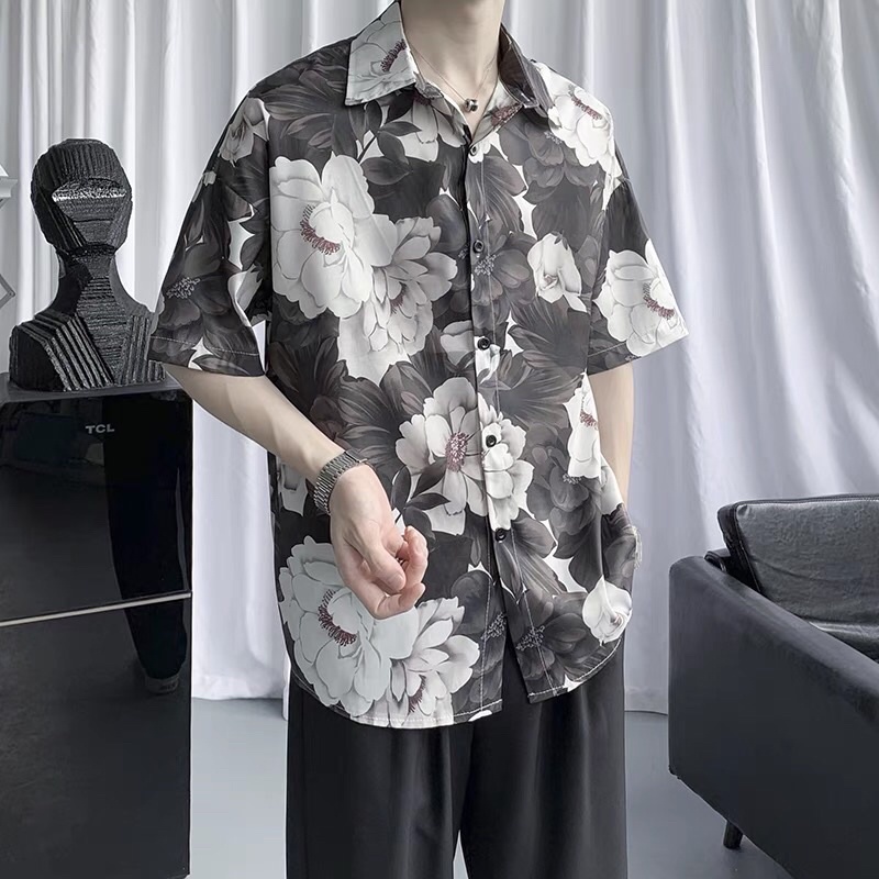 Áo Sơ Mi Nam Họa Tiết Bông Hoa Hồng Trắng