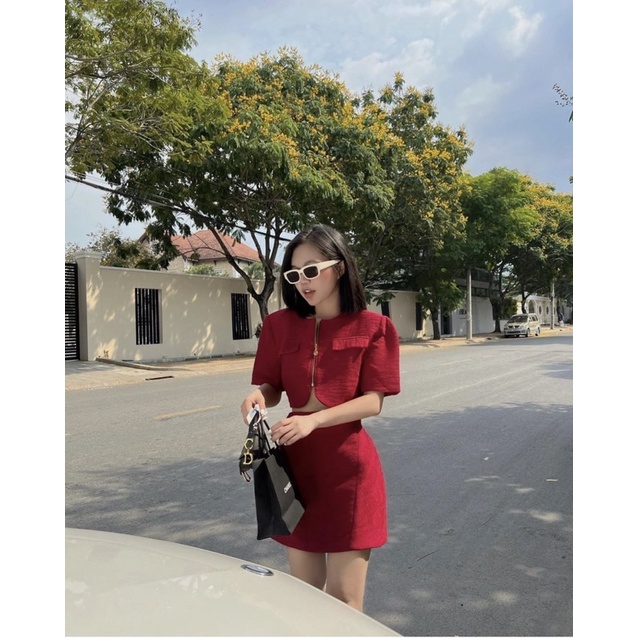 SET CROP DẠ ĐỎ DÂY KÉO + CHÂN VÁY