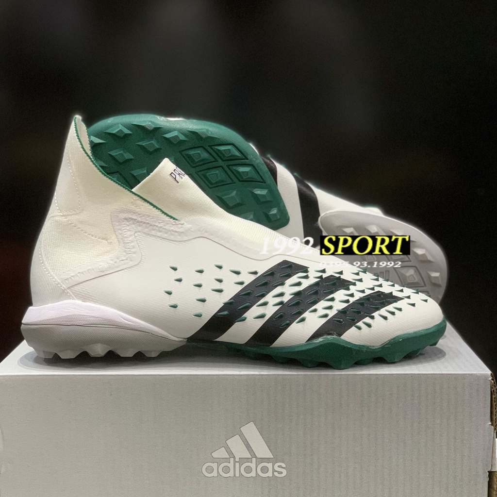 Giày Bóng Đá TQ Predator Freak+ EQT Trắng Xanh Lá Vạch Đen Không Dây Cổ Cao TF