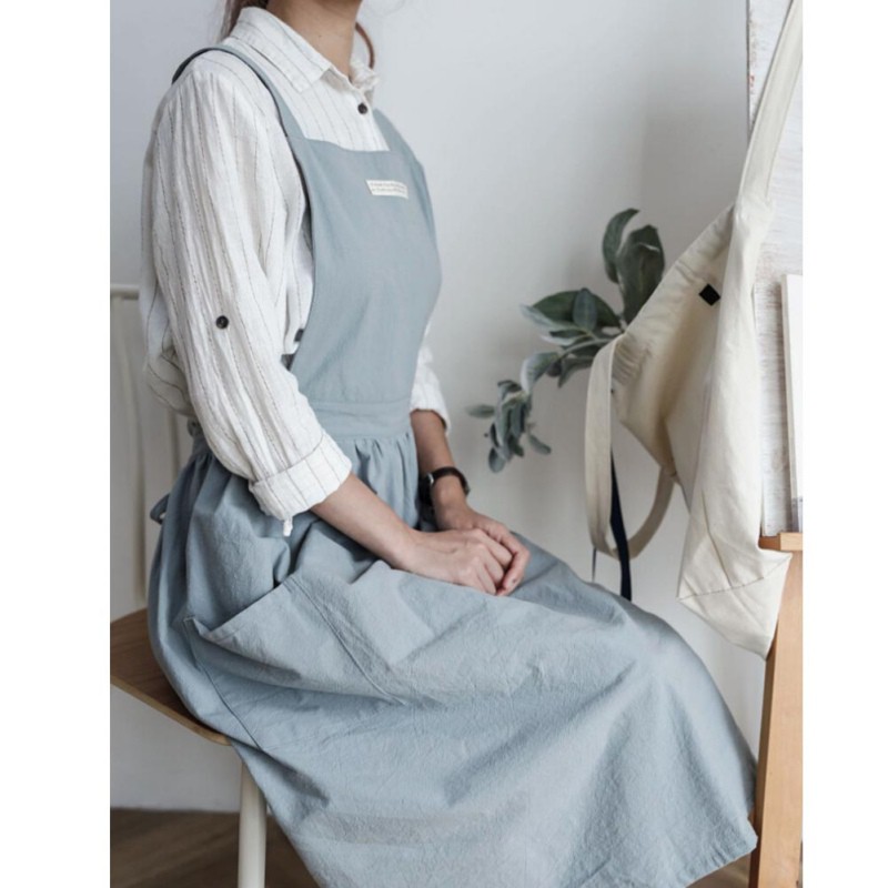 Tạp Dề cotton linen Dài Xếp Ly Đơn Giản Phong Cách Nhật Bản