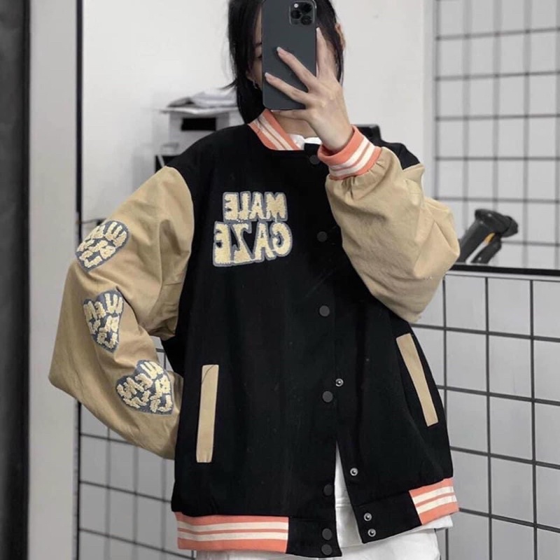 Áo Bomber Nút Bấm Da Lộn Chữ Ảnh Thật