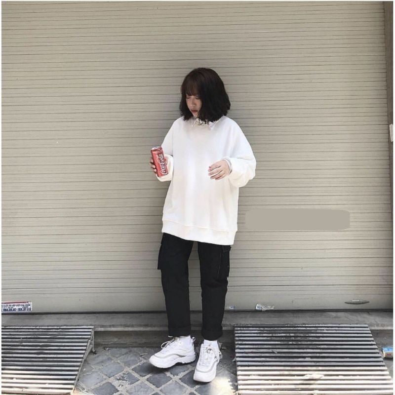 Áo Sweater Nỉ Trơn Trắng Nam Nữ Unisex, Form Rộng Chất Nỉ Bông Cao Cấp size 35-70kg.