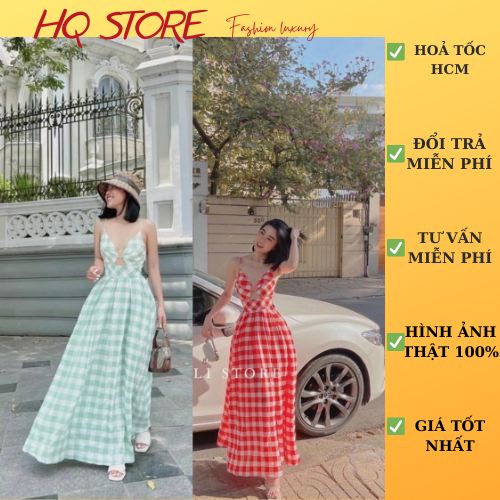 Đầm maxi dạ hội caro khoét 2s, váy maxi tiểu thư xoè hở lưng có mút kèm hình thật - Maxi HQ store