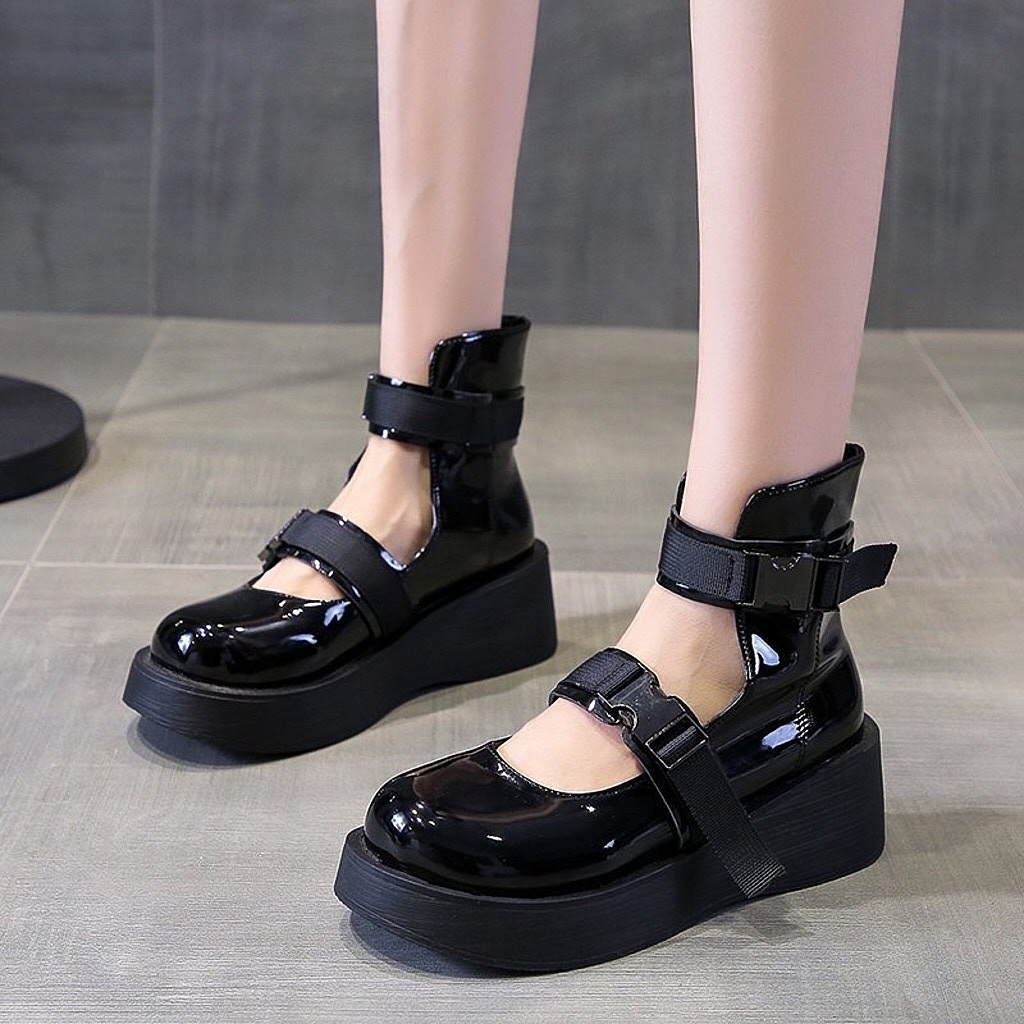 Giày Nữ Ulzzang Phong Cách Vintage, Giày Lolita Marry Jane Da Bóng Mũi Tròn Quai Ngang Gài Đế 5cm Hàn Quốc-Iclassy_shoes