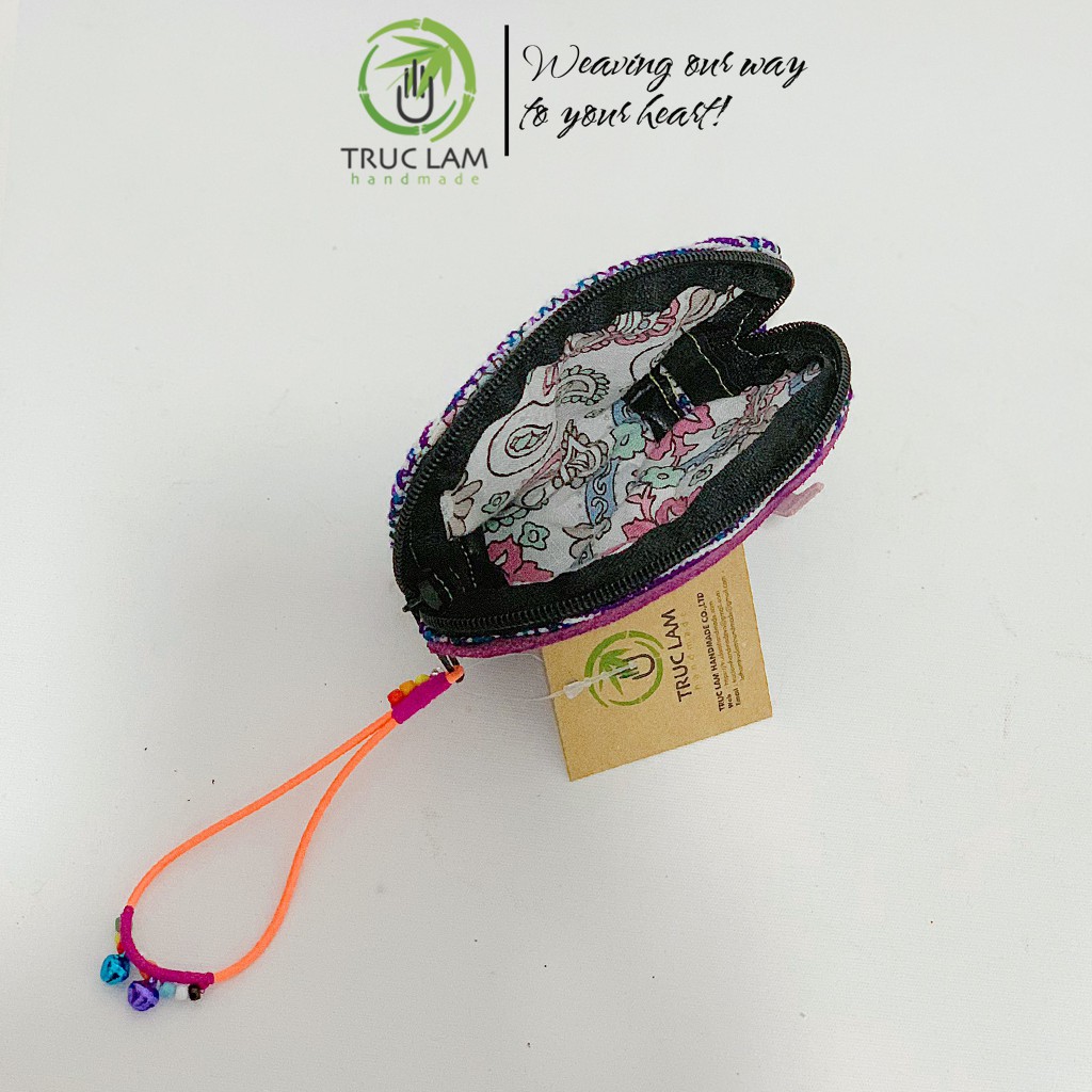 Ví Cầm Tay Nữ VÍ Sò Cầm Tay Vải Thổ Cẩm Phối Vải Da Lộn Có Gắn Vòng Chuông (B) - Trúc Lâm Handmade