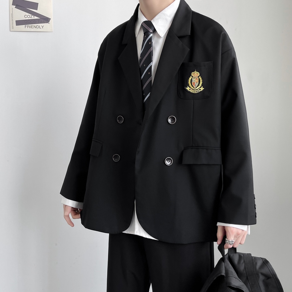 ♞AFF LIGA♞ Áo khoác đồng phục tay dài màu đen phong cách Hàn Quốc thời trang mùa thu cho cặp đôi 2021