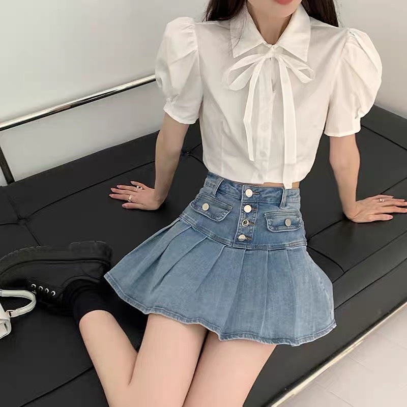 VÁY JEANS LƯNG CAO XOÈ XẾP LY CÓ QUẦN