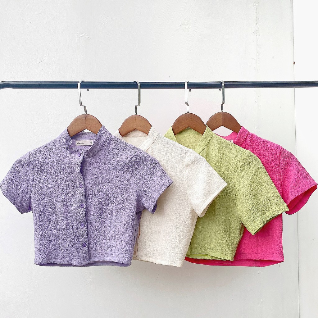 Áo croptop vải thô kiểu Hàn Quốc, cổ tàu ngắn tay, cúc áo hình bông hoa nhiều màu Mia Ritta A2047 | BigBuy360 - bigbuy360.vn