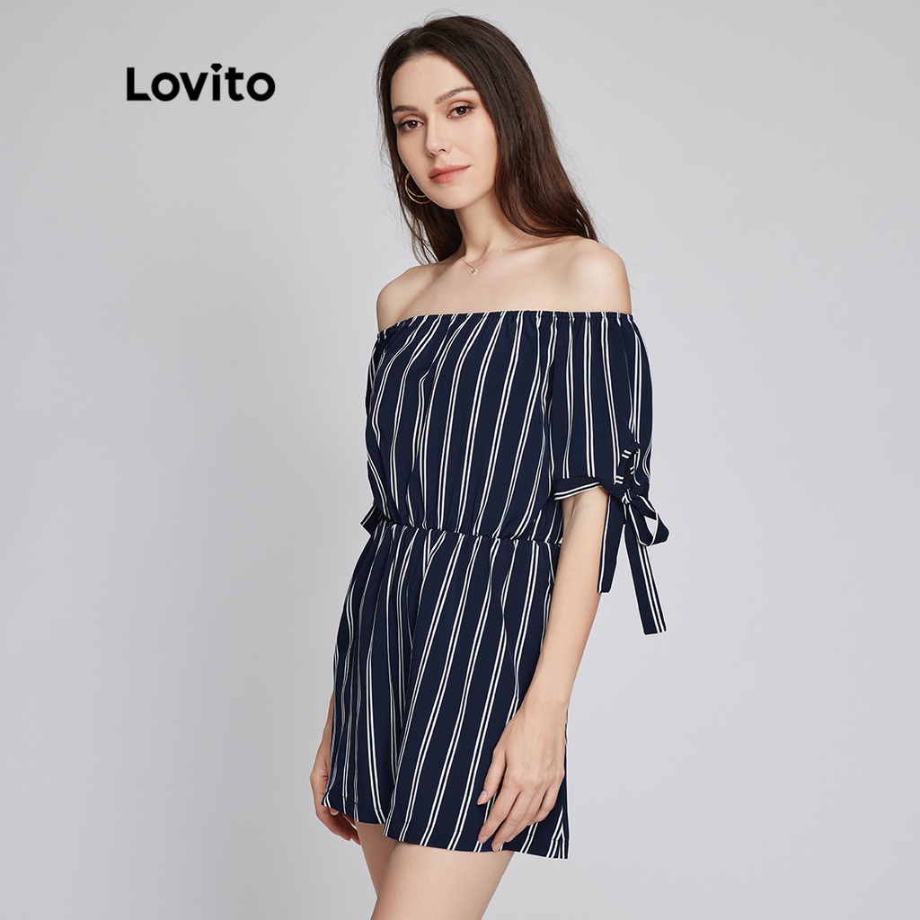 Áo liền quần Lovito phong cách boho kẻ sọc thắt nút hở vai eo co giãn L26LD080 (màu xanh lam)