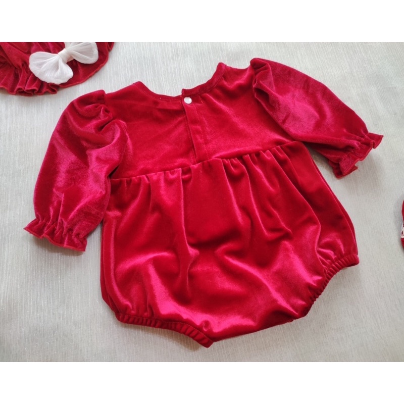 Bodysuit Nhung Đỏ Nơ Trắng Mẫu Mới Cho Bé Gái 0-12 Tháng Kèm Mũ &amp; Tất, Váy Sơ Sinh, Đầm Đầy Tháng.