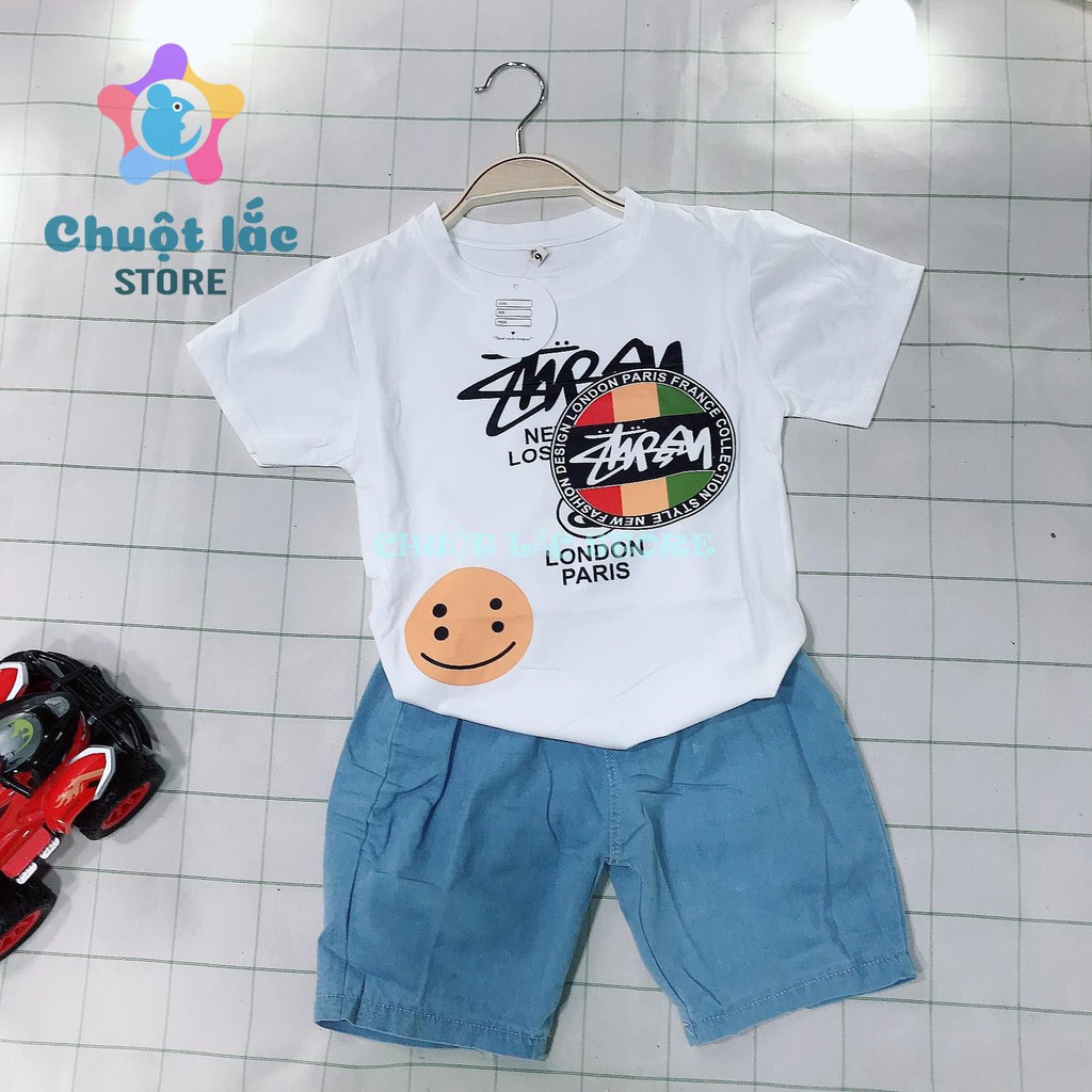 Bộ Quần Áo Bé Trai Chuột Lắc Store Size Đại Kiểu Chữ Ký Áo Cotton Quần Jean Cho Bé Từ 14Kg Đến 28Kg( Màu Trắng, Đen)